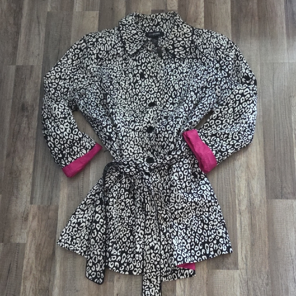 Lane Bryant Black and White Leopard Print Short Trench Jacket with Pink Lining